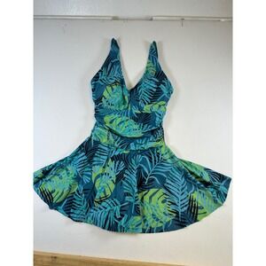 Yonique Womens Tropical Palm Leaf Print Swimdress Teal Blue Green V-Neck